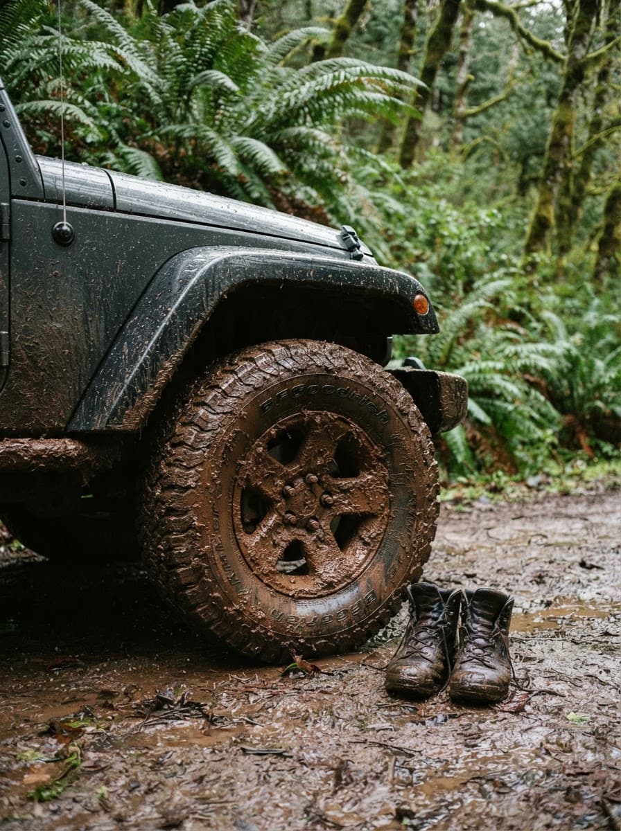 Roda Jeep berlumur lumpur merah basah di jalur hutan