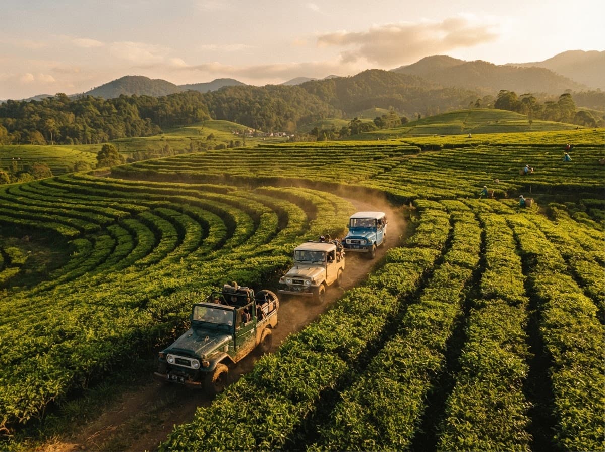 Konvoi tiga Jeep melintas di antara barisan kebun teh saat sore